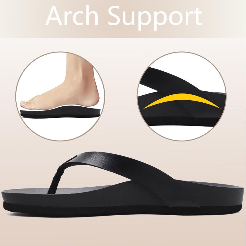 ONCAI Womens Flip Flops For Women Comfortable Leather Strap Yoga Mat Non-Slip Women's Thong Sandal Casual Summer Beach Slippers With Arch Support Black Size 7 - Image 4